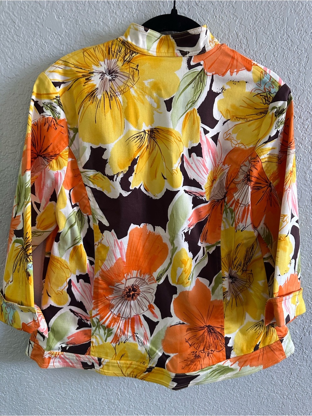 Coldwater Creek Floral Open Front Jacket Cotton Stretch Yellow Orange Size 10 - Picture 5 of 8